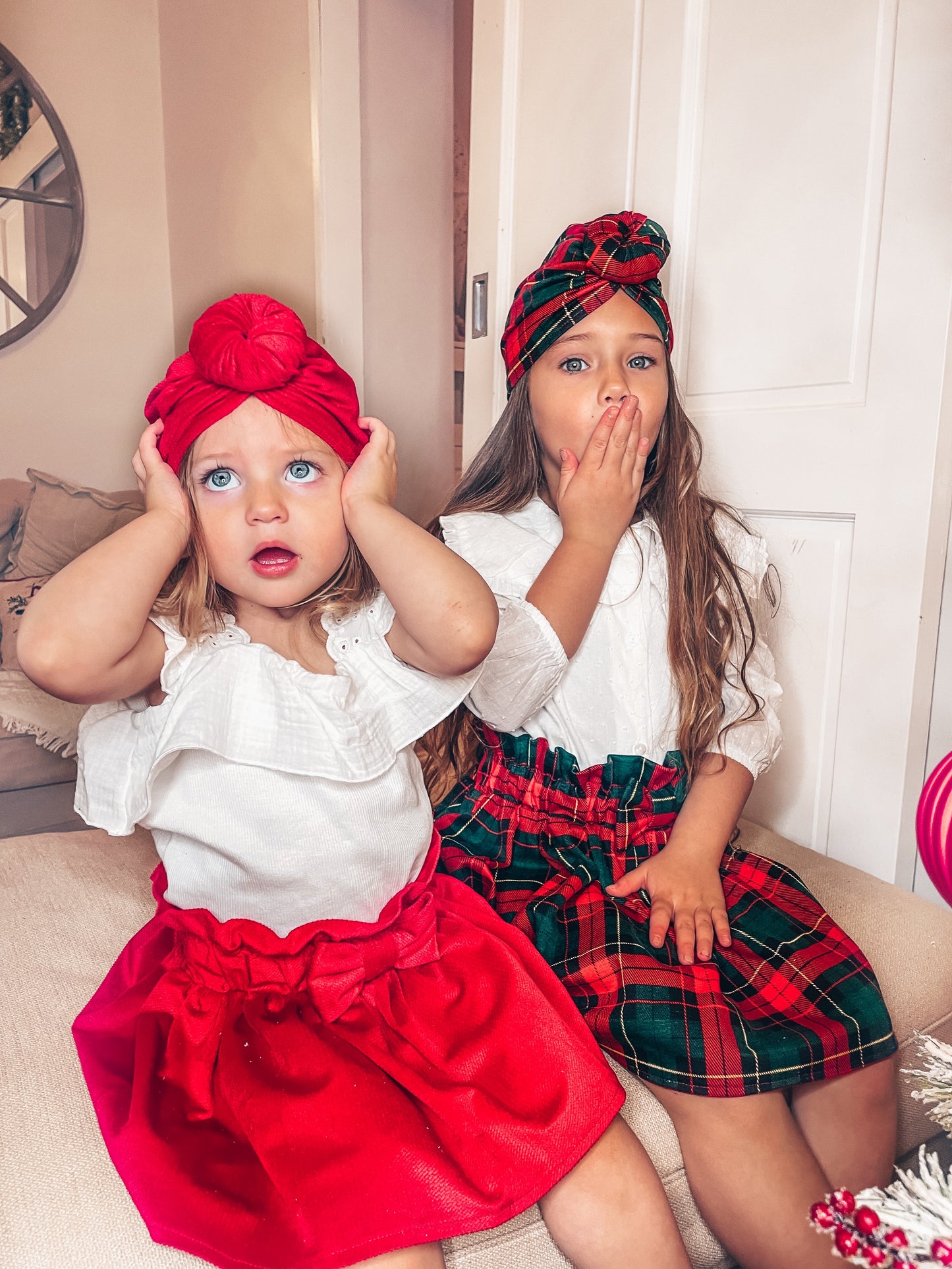 Priya and Piper Christmas turbans